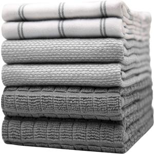 Premium Kitchen Towels (20x 28, 6 Pack) | Large Cotton Dish Towels | Flat & Terry Highly Absorbent Kitchen Linen Set with Hanging Loop | Grey Check