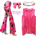ATAMET 6 Pcs 60s 70s Hippie Costume Disco Outfits Fringe Vest Boho Bell Bottoms Peace Accessories Set Halloween for Women 3XL