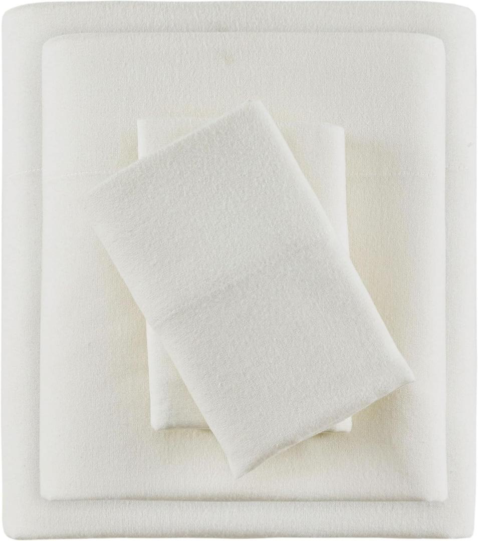 True North by Sleep Philosophy Cozy Flannel Warm 100% Cotton Sheet - Novelty Print Animals Stars Cute Ultra Soft Cold Weather Bedding Set, Queen, Ivory Solid 4 Piece