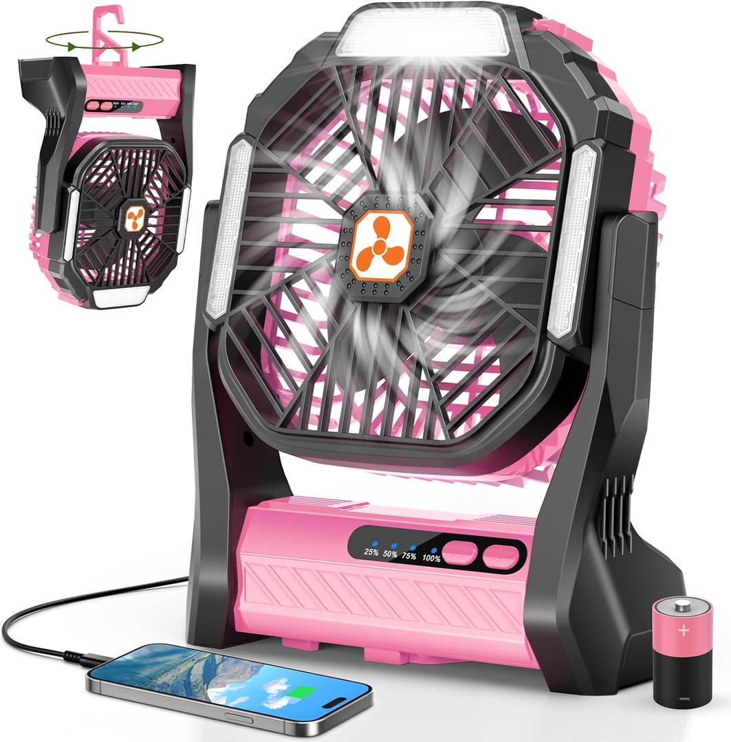 Portable Rechargeable Fan, 20000mAh Cordless Battery Powered Camping Tent Fans with SOS & LED Lantern, Small USB C Operated Outdoor Ventiladores for Travel Camp Fishing Office Home Essentials (Pink) (Large)