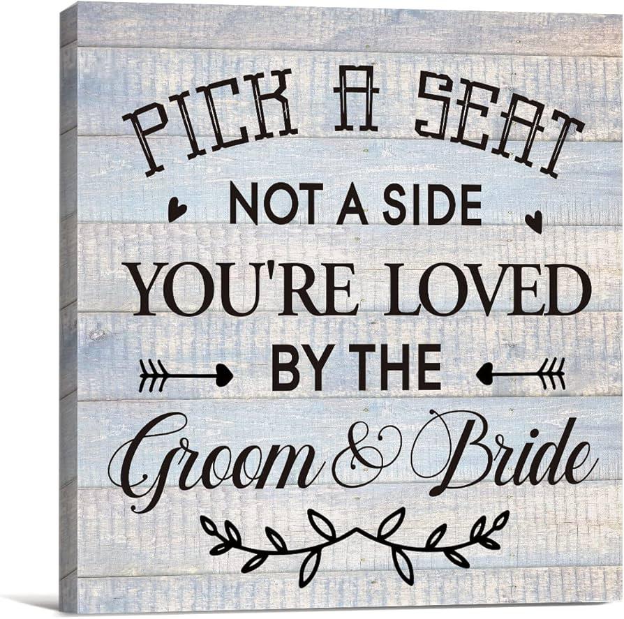 Pack of 10Wedding Reception Sign Canvas Print Wall Art Decor Pick a Seat Not a Side You're Loved Sign Painting Plaque Rustic Wedding Ceremony Decoration (8 X 8 inch, Framed)