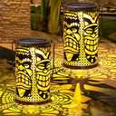 Glooglitter 2 Pack Tiki Solar Lanterns Tiki Bar Light Decor Hawaiian Tropical Luau Party Decorations Outdoor Waterproof Hanging Lantern Metal Hollowed Out Decor for Tropical Aloha Garden Patio Lawn
