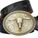 BISON DENIM Mens Western Cowboy Belt - Longhorn Cow Pattern Buckle with Printed Engraved Buckle Strap Adjustable (115cm (fit for waist size 36"-39"), Nk1814g+ds050-1bm-black)