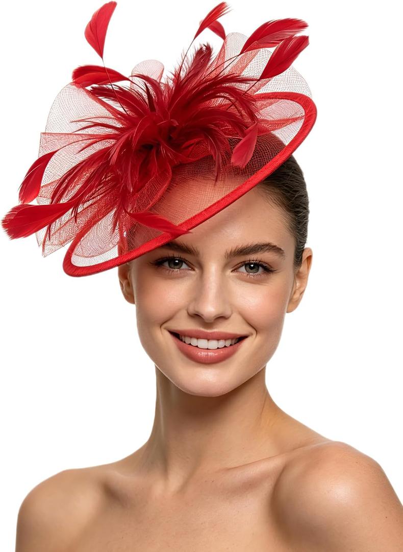 SAFERIN Women's Fascinators Feathers Tea Party Hat Veil Headband with Hair Clip for Cocktail Church (Red)