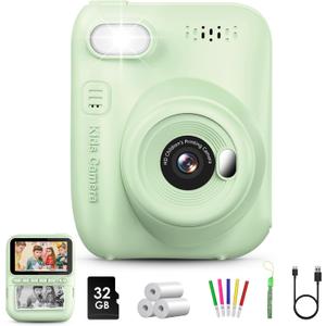 Kids Instant Print Camera, 3.0-inch HD Screen 32MP Photo Instant Digital Camera Christmas Birthday Gifts Toys for Children Girls Boys Age 3-12 - Green