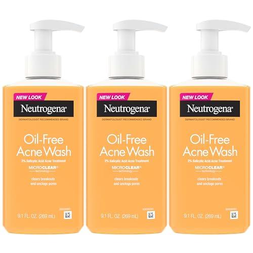 Neutrogena Oil-Free Acne Wash, Acne Fighting Facial Cleanser with Salicylic Acid Medicine, Acne Treatment for Face, Non-Comedogenic, Residue-Free, 9.1 fl oz Pump Bottles, 3 Pack