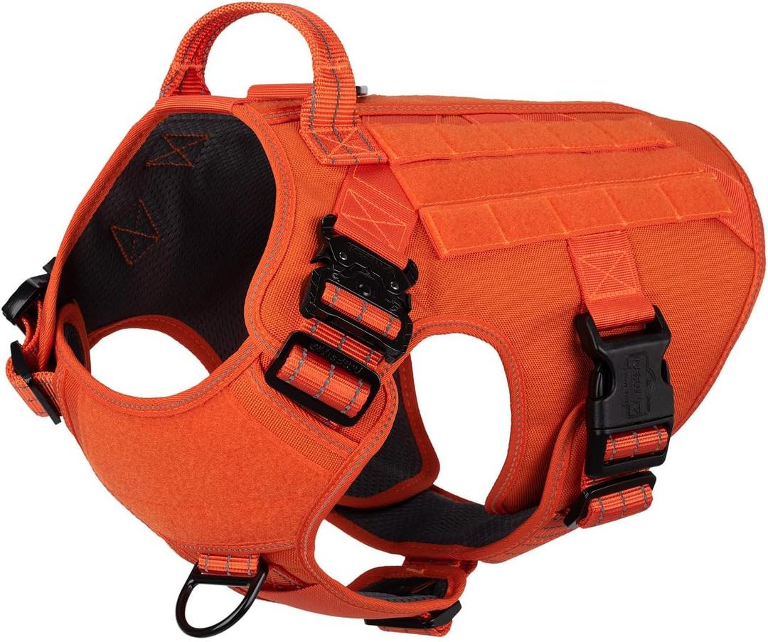 ICEFANG Tactical Dog Harness,Large Size, 2X Metal Buckle,Working Dog MOLLE Vest with Handle,No Pulling Front Leash Clip,Hook and Loop Panel (Large (Pack of 1), Orange)