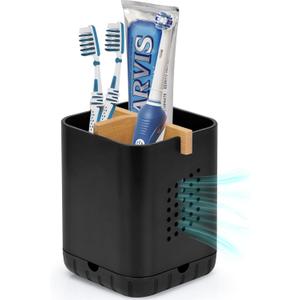 Boperzi Black Toothbrush Holders for Bathroom, Electric Toothbrush Holder with Bamboo Divider, Detachable Anti-Slip Toothbrush and Razor Holder Drainage for Shower, Toothbrush Organizer and Storage