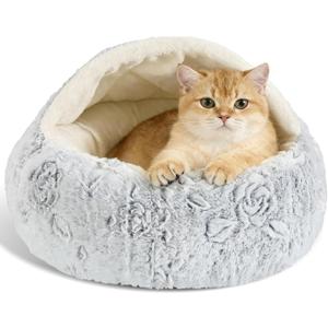 Calming Dog Beds & Cat Cave Bed with Hooded Cover, Removable Washable Round Beds for Small Medium Pets, Anti-Slip Faux Fur Fluffy Coved Bed for Improved Sleep, Fits up to 15/25 lbs(Rose, S) (20.00" X 20.00" X 8.00")