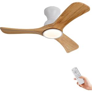 Ceiling Fans with Lights, 42 inch Low Profile Ceiling Fan with Light and Remote Control, Flush Mount, Reversible, 3CCT, Dimmable, Noiseless,Natural Color Ceiling Fan for Bedroom, Indoor/Outdoor Use