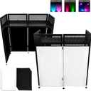 DJ Booth Table Station 44"x42"x21", DJ Facade Booth w/Black & White Lighting Scrims, Detachable 40"x20" DJ Table, Carrying Bag, Foldable Metal Frame DJ Booth Panel for Show, Party, Gathering