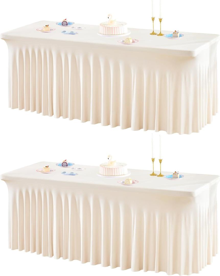 2 Packs Ivory Spandex Tablecloths for 6 Foot Rectangle Tables, Wrinkle Free 6ft Fitted Table Cover Stretch Table Cloth Desk Skirt for Weddings Baby Shower Birthday Party Banquet Decorations