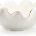 Handcrafted 8" White Ceramic Ruffle Bowl with Gold Trim  Modern Lotus Design, Small Shallow Decorative Bowl for Kitchen Counter & Key Holder for Entryway Table, Catch-All for Home Decor