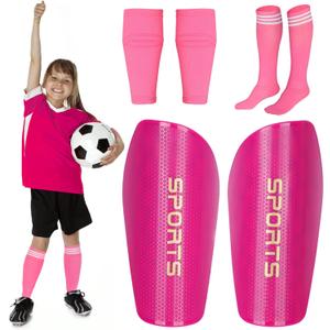 Soccer Shin Guards for Kids Adults, Toddler Shin Pads Set with Sleeves and Long Soccer Socks for Age 2-16 Boys & Girls, Youth &Men, Lightweight Soccer Equipment (M(Kids, 5-8 years, Rose Red)
