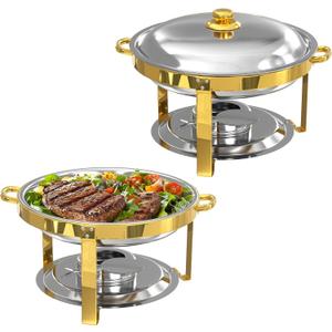 Chafing Dishes Buffet Set 2 Pack, 5QT Stainless Steel Round Chafing Dish with Lid & Gold Frame Complete Set for Catering, Parties, Wedding