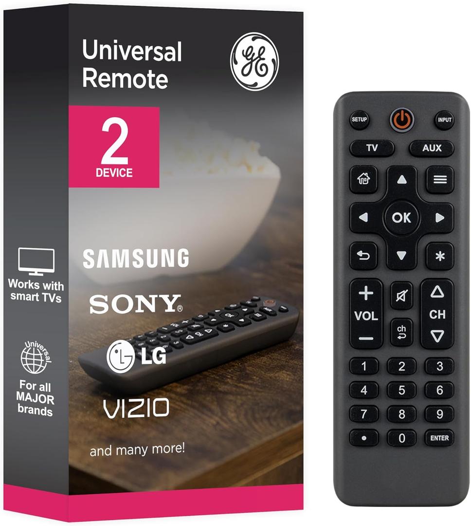 GE Big Button Universal Remote Control, Universal Replacement Remote for Samsung, LG, Vizio, Sony, Smart TV, Fire TV, 2 Device, Charcoal, 83036
