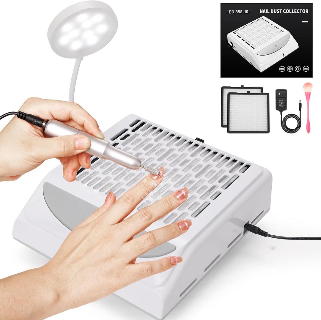 Nail Dust Collector Quite with LED Light, Brush and 2 Reusable Filters  100W Powerful Adjustable Speed and Low Noise, Dust Collector Nail Tech Perfect for Gel Nail Polish