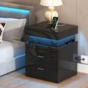 ChooChoo LED Nightstand with Charging Station,Smart Night Stand with Sliding Top Storage, 2-Drawers High Gloss Bedside Table, Modern End Table for Bedroom,Black