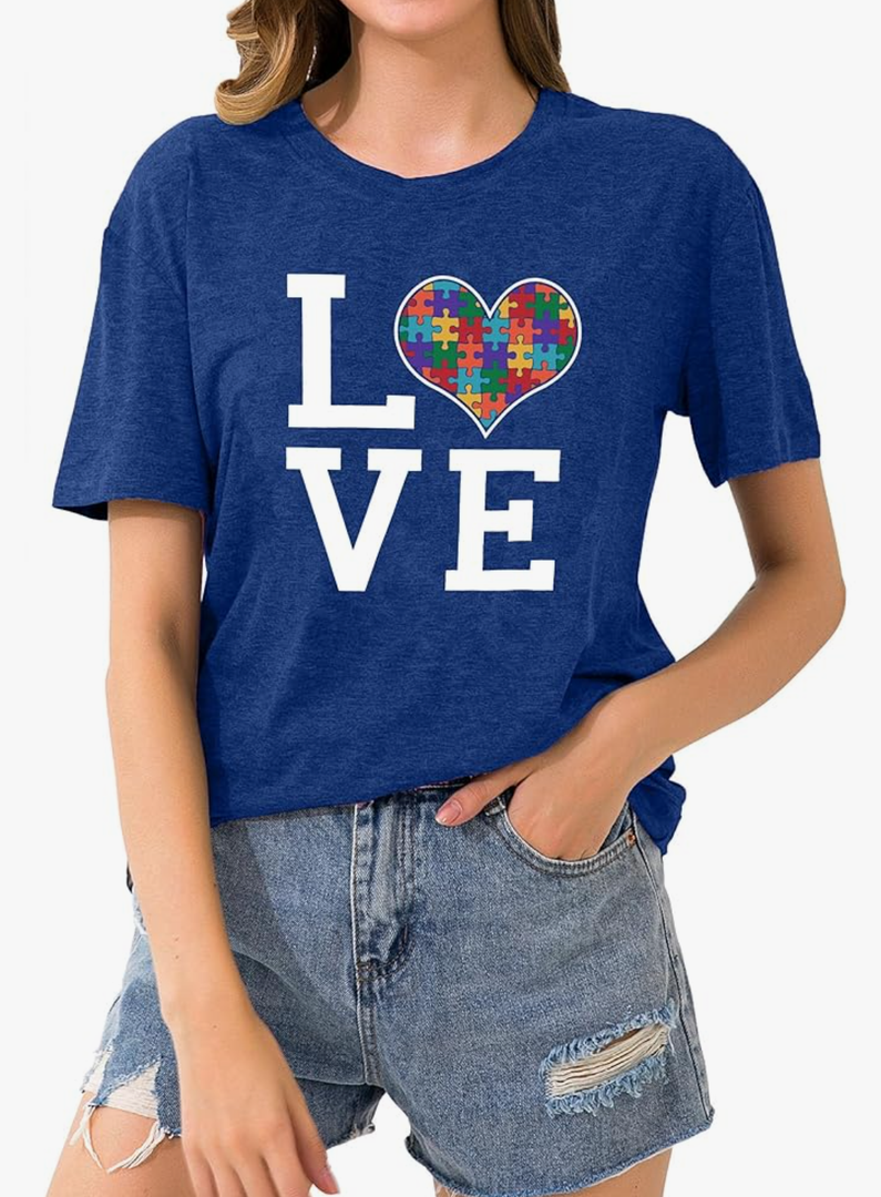 hohololo Autism Awareness Shirt Womens Autism T-Shirt Teacher Puzzle Heart Graphic Tee Autism Acceptance Tops Size S