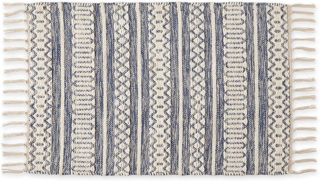 DII Textured Woven Rug Collection Hand-Loomed Shag Printed, 2x3 Ft, Chenille Stripe French Blue