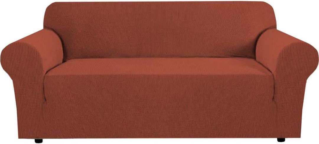 H.VERSAILTEX Stretch Sofa Covers for 3 Cushion Couch Covers Sofa Slipcovers for Living Room Feature Thick Checked Jacquard Fabric with Elastic Bottom, Sofa Large - Rust