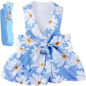 Dog Dress Bowknot Harness Leash Set for Dogs Blue Daisy Floral Dog Cat Clothes Cute Puppy Outfits Pet Clothes Spring Summer Breathable Dresses, XXS