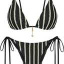 ZAFUL Crochet Bikini Sets for Women Cheeky Two Piece Bathing Suits Striped Brazilian High Cut Knit Swimsuit Tie for Vacation (Medium, A-Black)