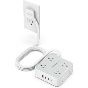 TESSAN Surge Protector Power Strip, 5 Ft Flat Plug Extension Cord with 4 USB (3 USB C) 8 Outlets, 1250W, 900J Protection, 3 Sided Outlet Extender with Power Switch for Office, Dorm Room, Grey