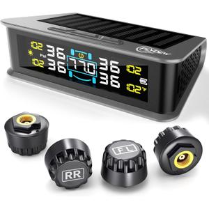 RV Tire Pressure Monitoring System (TPMS) - TPMS Sensors Set of 4 with 6 Alarm Modes | Solar/USB Charger | LCD Display | for RV/Truck/SUV/MPV/Sedan