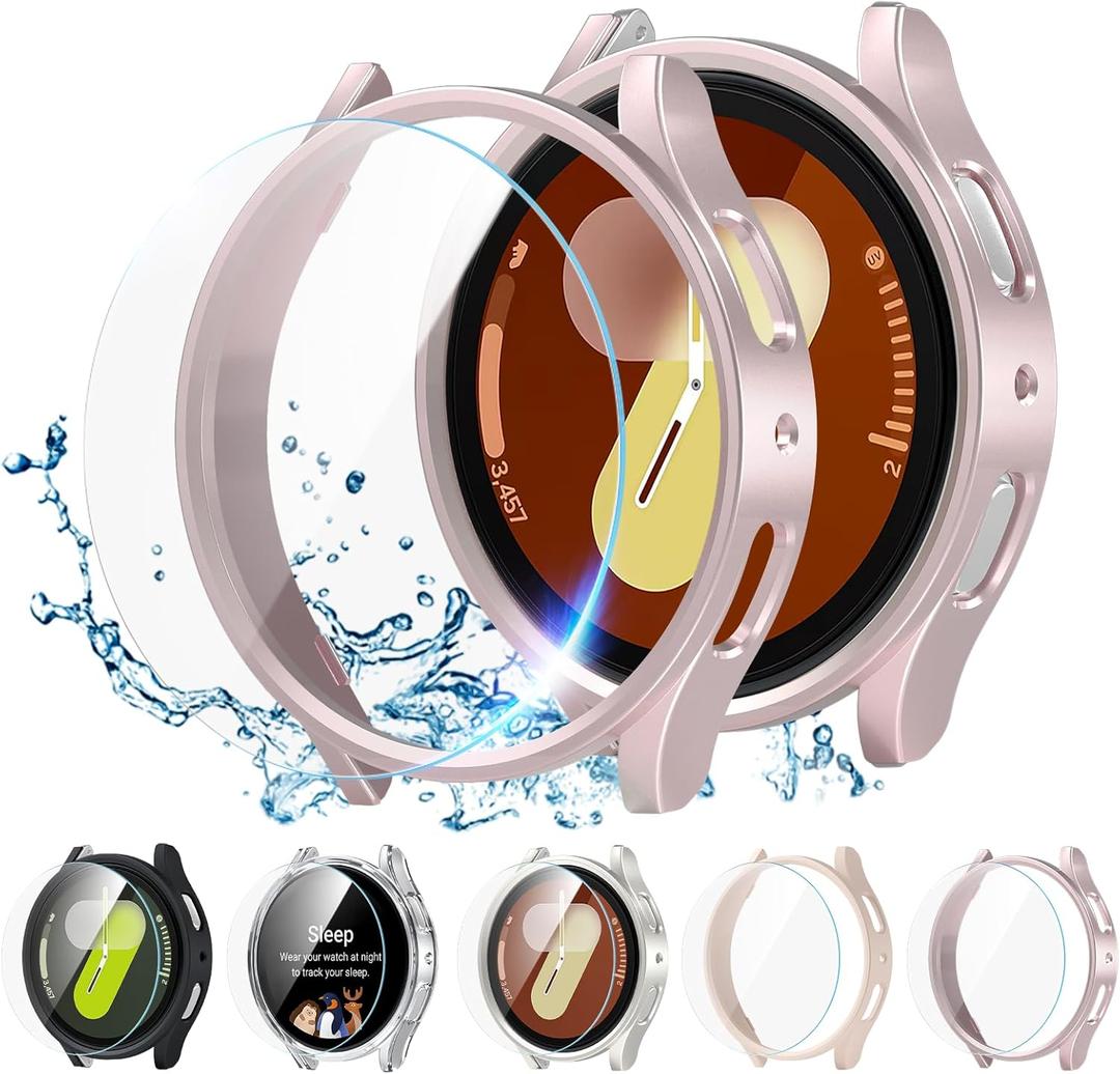 Screen Protector Compatible with Samsung Galaxy Watch 7 40mm, 5+5 Pack HD Tempered Glass Protective Film and Hard PC Bumper Case for Samsung Galaxy Watch 7, Face Cover for Samsung Watch 7 40mm (Black/Clear/Rosegold/Pink/Starlight)