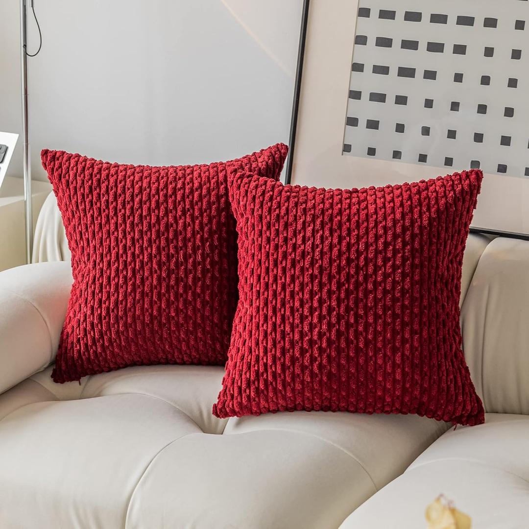 Kevin Textile Pack of 2 Corduroy Decorative Throw Pillow Covers 24x24 Inch Soft Boho Striped Christmas Pillow Covers Modern Farmhouse Home Decor for Sofa Living Room Couch Bed Burgundy
