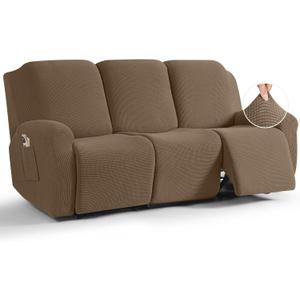 TAOCOCO Recliner Sofa Covers 8-Pieces Stretch Large Couch Covers for 3 Seats Reclining Slipcovers Soft Jacquard Pattern Furniture Protector (Khaki)