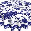 Blue and White Porcelain Paint Round Tablecloth Flower Table Cover Washable Tablecloths for Kitchen Dining Party Home Decor 60 inch