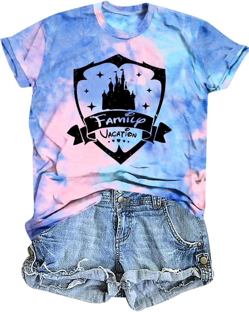 ALLTB Family Vacation Shirts Women Magical Castle Graphic Shirt Cute Magic Kingdom T-Shirt Summer Short Sleeve Top, L