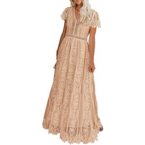 MEROKEETY Women's 2026 V Neck Short Sleeve Floral Lace Wedding Dress A Line Boho Bridesmaid Cocktail Party Maxi Dress, Apricot, Large