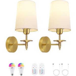 Battery Operated Wall Sconces Set of Two, Wireless Wall Sconces with Remote Control, 3CCT Dimmable Rechargeable Wall Lights, Gold Wall Lamps for Bedroom, Living Room, RGB Bulbs Included, ETL Listed