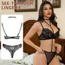 Women's Lingerie 3 Piece Garter Lingerie Bra and Panty Sets with Halter for women (Black, M)