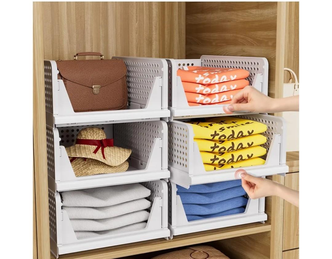 CTSNSLH 5 Pack Closet Organizers Storage Box, Closet Storage Stackable Storage Bins, Plastic Drawer Basket for Wardrobe Cupboard Kitchen Bathroom Office, White