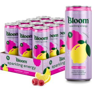 Bloom Nutrition Sparkling Energy Drink for Focus, Natural Caffeine, Zero Sugar, 180mg Caffeine, Antioxidant-Rich with Green Coffee Bean, Green Tea Extract, & Prebiotics, Raspberry Lemon 12oz 12 Pack (EXP 09/17/27)
