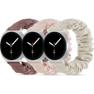 Compatible with Samsung Galaxy Watch 8 Band 40mm 44mm/Galaxy Watch 8 Classic 46mm, Stretchy Scrunchie Cute Elastic Fabric Nylon Bands3-Pack  Women (Small: 5.1"-6.2"(130mm-160mm), 01# Smoky Purple/Pink/Starlight)