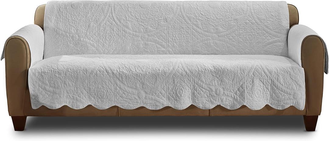 SureFit Heirloom Quilted Cotton Furniture Cover with Scallop Edge, Sofa Cover, Pet Friendly, Machine Washable, Grey Color
