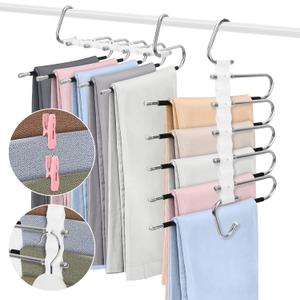 SAN LIKE 2 Pack 5 Layers Pants Hangers Space-Saving Stainless Steel Closet Hangers 20pcs Fixed Clips Non-Slip Multi-Functional Pants Rack Two Hanging Modes for Trousers Jeans Leggings Scarf Skirts