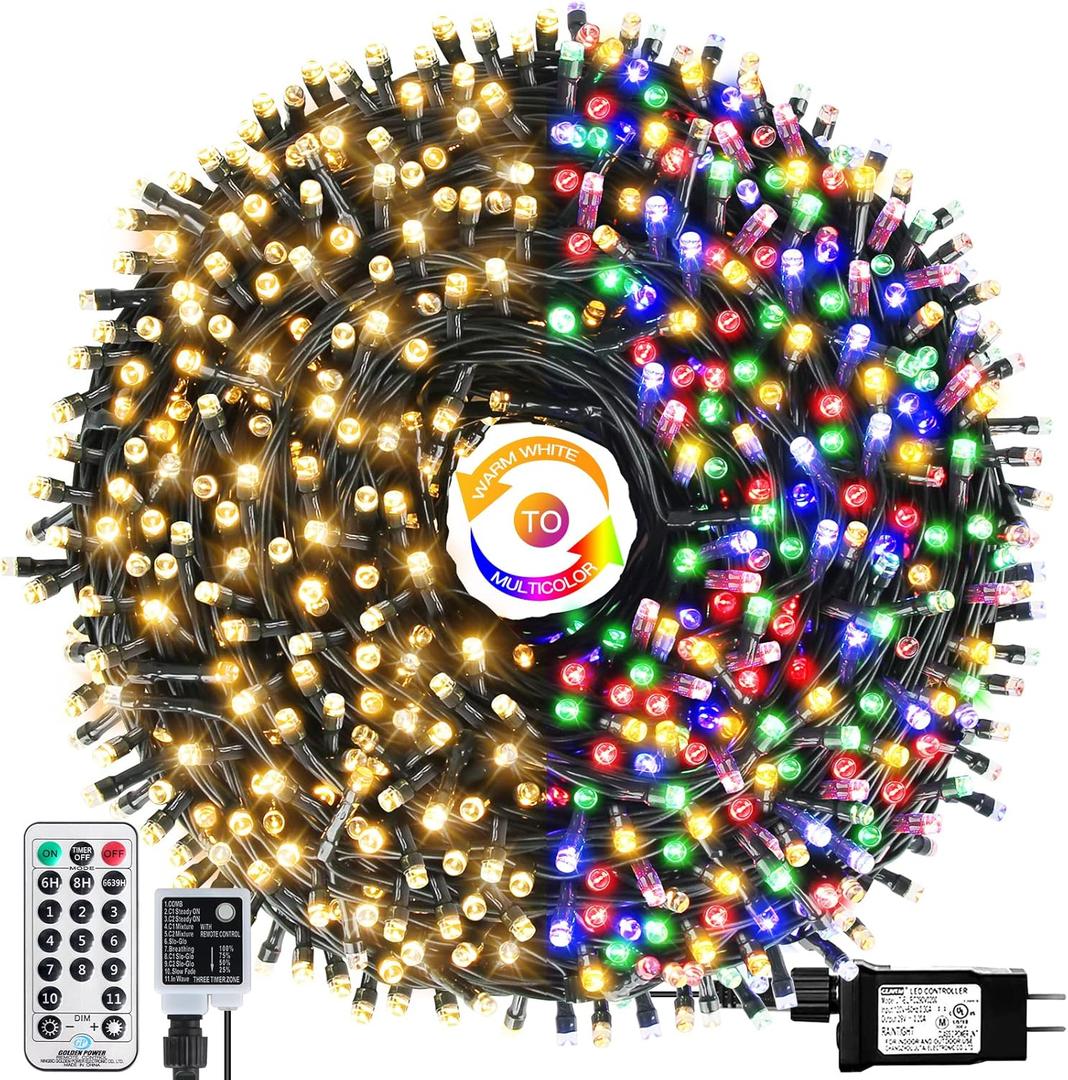 OUTYLTS 1000 LED 328ft 11 Modes with Timer Remote Christmas String Lights IP55 Outdoor Waterproof UL Certificated Indoor Fairy Lights Garden Patio Christma Trees Parties Wedding Decoration Two-Color
