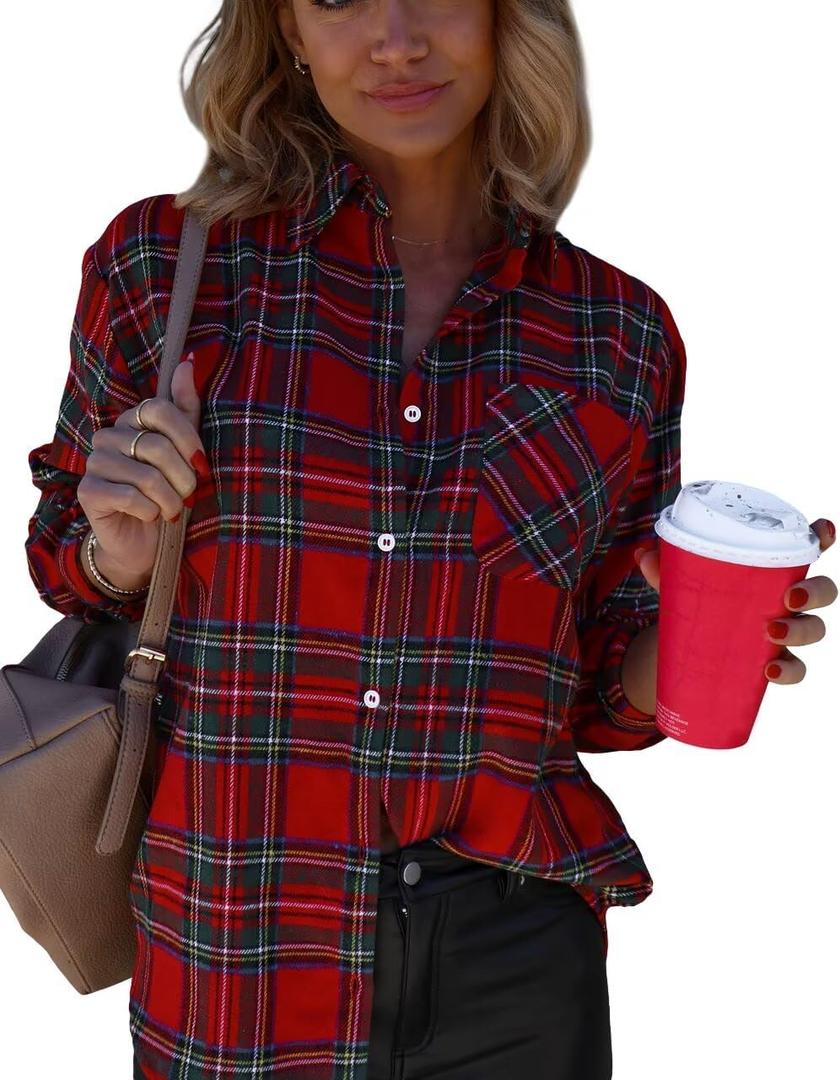 Lacozy Womens Buffalo Plaid Flannel Shirt Long Sleeve Collar Button Down Blouses Tops (Medium, Red Green Plaid)