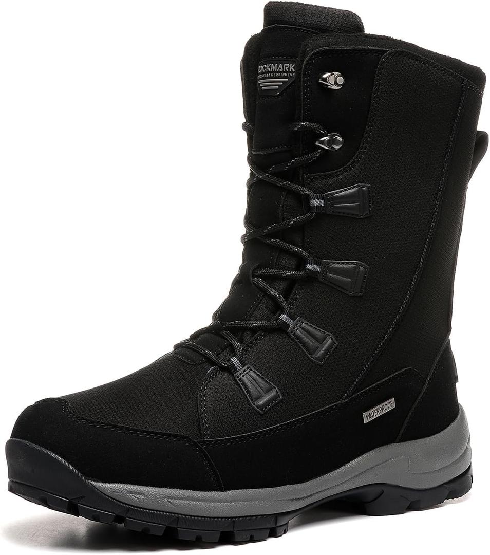 ROCKMARK Mens Winter Mid-Calf Snow Boots Fur Lined Warm Waterproof Slip On Outdoor Athletic Snow Boots (9, Black)