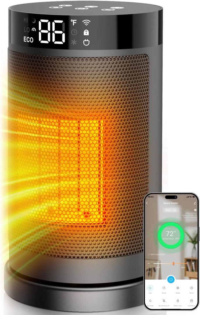 Smart Space Heater with WiFi/ APP & Alexa Control, 1500W PTC Ceramic Electric Heaters for Indoor Use, 75° Wide-Angle Oscillation, 24H Timer, ECO Mode, Safe Indoor Portable Heater for Home Office