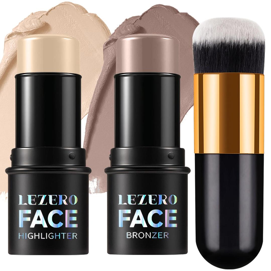 2Pcs Contour Stick with Brush Set, Highlighter and Bronzer Face Stick for Face Shaping, Long Lasting Waterproof Silky Cream Contouring Stick for Sculpt the Face, Non-Greasy Formula (#17#23, Brush) (0.42 Fl Oz (Pack of 1))