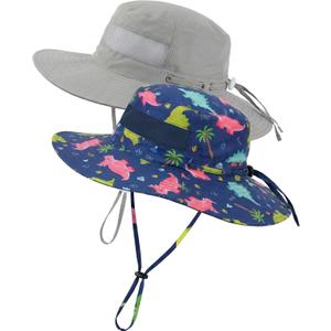 Kids Toddler Sun Hat Summer Sun Hat UV Protection Adjustable Kids Beach Hat with Breathable Mesh for Boys Girls (6-24 Months, Grey+dinosaur)