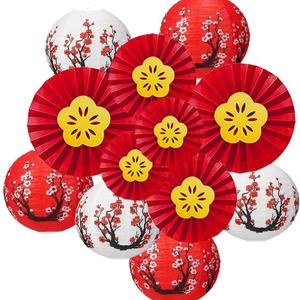 12 Pcs Chinese New Year Paper Lanterns and Red Floral Fans Set  Plum Blossom Round Lanterns and Red Folding Fans for Lunar New Year, Spring Festival Parties, and Holiday Celebrations