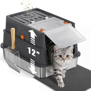 Stainless Steel Litter Box with Lid: Enclosed Cat Litter Box for Small Cats & Kitten, Metal Kitty Litter Pan with High Sided Enclosure, Include Scoop & Mat, Odor Control, Anti-Leakage